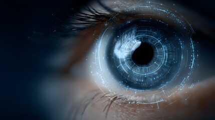 Human eye close up scanning digital interface facial recognition biometric data cybersecurity protection layer blue digital HUD background AI powered surveillance focus perfect high tech privacy theme