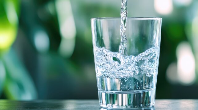 Clear water being poured into a glass, out-of-focus greenery in background