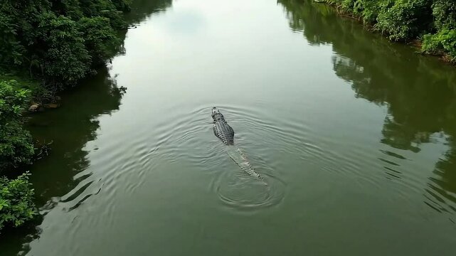 An alligator swims slowly in a murky river, seen from an overhead perspective, with lush green vegetation lining the riverbanks, suggesting a swampy or tropical environment.

