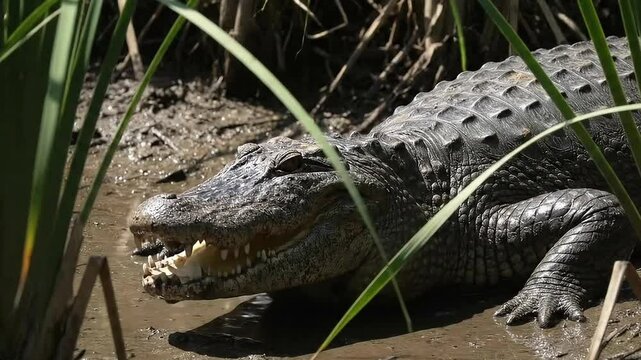 A large alligator rests in muddy shallows near tall grasses, its powerful jaws wide open revealing sharp teeth. A close-up view highlighting its size and predatory nature.

