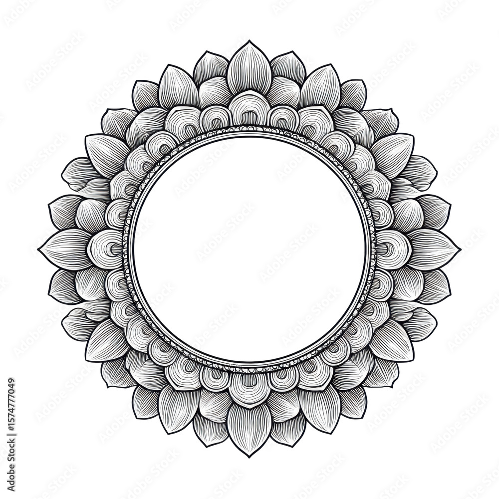 Poster decorative circular frame with intricate floral motifs and fine lines in black and white design for 