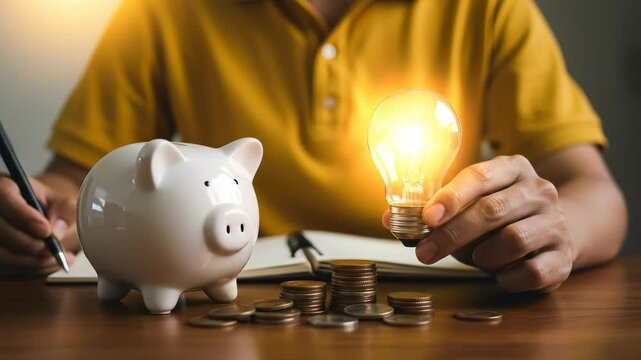 Smart energy saving concept: An adult calculates money management with a bright lightbulb and piggy bank, symbolizing financial planning and investment ideas indoors.