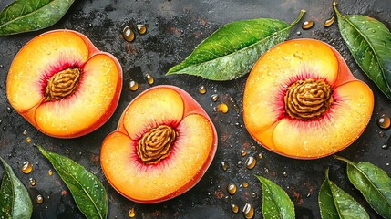 Fresh Peach Halves on Dark Background with Leaves