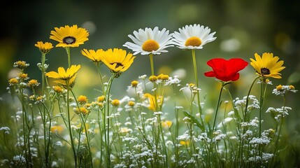 Vibrant wildflowers in meadow, summer blossoms in field