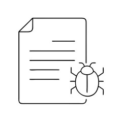 Illustration of a document with lines and a stylized bug, symbolizing software issues and debugging processes, representing the importance of error detection in technology environments