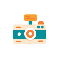 Colorful flat illustration of a vintage camera with a bright flash, showcasing a playful design, capturing the essence of photography and creativity in a whimsical style