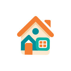 Colorful flat illustration of a charming house with a triangular roof, circular window, and vibrant door, representing home, comfort, and welcoming atmosphere in a modern design style