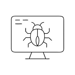 Minimalist line art illustration of a computer screen displaying a bug, symbolizing software issues, with a clean design emphasizing technology and digital challenges in modern computing environments