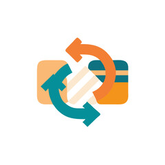 Colorful flat illustration of two arrows in a circular motion, symbolizing exchange and recycling, with vibrant colors representing sustainability and environmental awareness