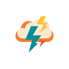 Colorful flat illustration of a storm cloud with lightning bolt and rain, depicting a dramatic weather scene, conveying the power of nature and atmospheric changes