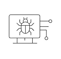 Illustration of a computer screen displaying a bug symbol, representing software issues, with circuit lines connecting to the device, emphasizing technology and debugging concepts