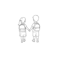 “Child Silhouettes Walking Together with Backpack for Education Concept”