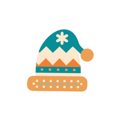 Colorful winter hat illustration featuring a playful design with geometric patterns, a pom-pom on top, and a cozy feel, perfect for holiday-themed graphics and seasonal decorations