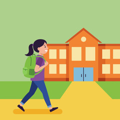 “Child with Backpack Entering School Building on a Bright New Day”