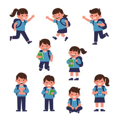 Happy diverse schoolchildren cartoon characters; various poses, backpacks, books; cheerful, playful mood; back-to-school theme; vector illustration; flat design style; bright colors; educational conce