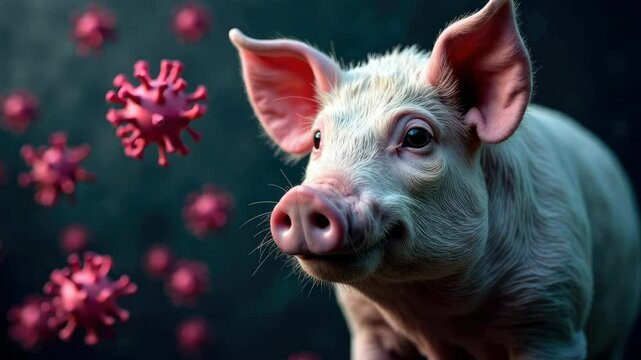Pig surrounded by virus particles, symbolizing the transmission of zoonotic diseases, viral threats in livestock farming. Swine flu virus. African swine fever virus ASFV