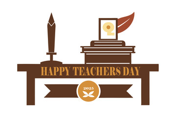 Retro World Teachers' Day 2024 Vector – Vintage Desk, Inkwell, and Quill Illustration in Sepia.
