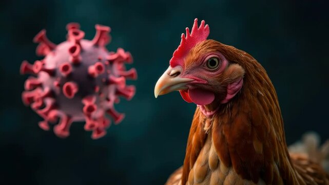 Close-up of a chicken with surrounding virus particles, symbolizing avian influenza, zoonotic disease threats in poultry farming, and the global impact of animal-borne viral outbreaks on human health