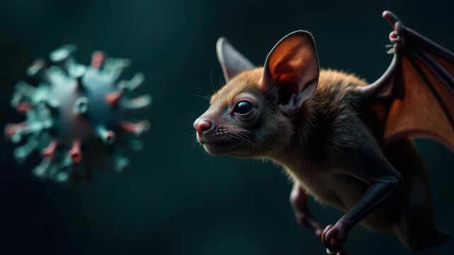 Close-up of a fruit bat surrounded by floating virus particles, symbolizing the potential transmission and zoonotic spillover of Marburg virus disease (MVD) and coronavirus infections, dark background