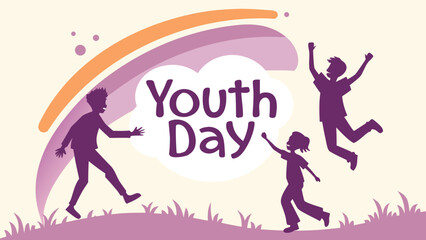Joyful Youth Day Illustration:  Silhouette of three children playing against a pastel rainbow backdrop, celebrating youthful energy and optimism with a playful, vibrant style.