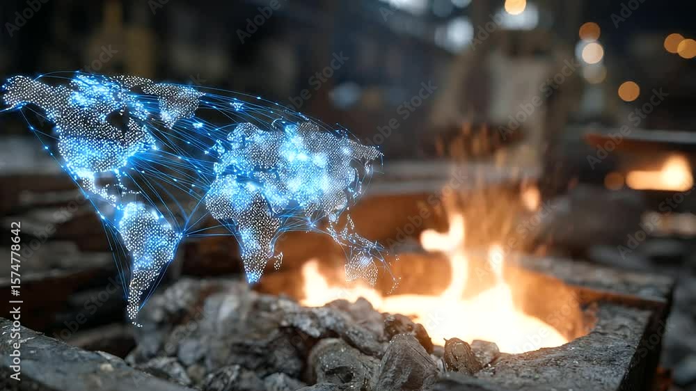 Poster a blazing furnace with a holographic logistics map floating in front of it, plotting export routes