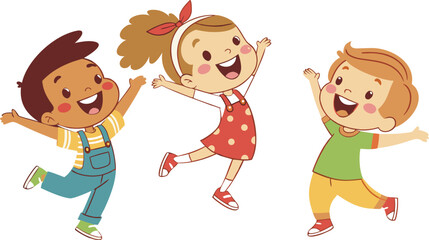 Naklejka premium Vector Illustration Of Children Playing Jumping kids. Happy funny children playing and jumping in different action poses education little team vector characters. Illustration of kids and children fun 