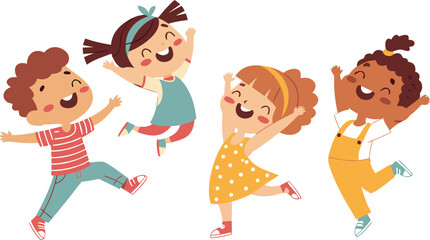 Naklejka premium Vector Illustration Of Children Playing Jumping kids. Happy funny children playing and jumping in different action poses education little team vector characters. Illustration of kids and children fun 