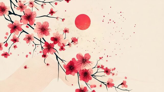 Elegant cherry blossom animation with rising sun perfect for spring themed presentations and designs