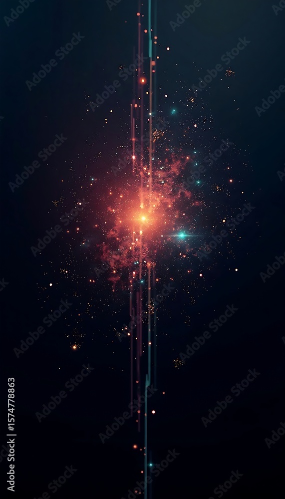 Aufkleber Abstract digital artwork featuring glowing light beams and glittering particles on a dark backdrop, creating depth and interest.