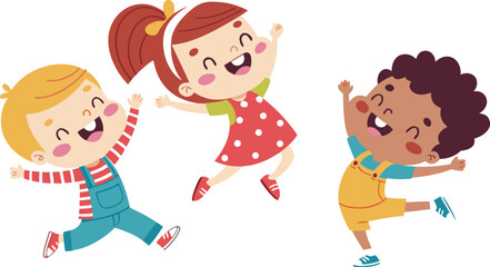 Vector Illustration Of Children Playing Jumping kids. Happy funny children playing and jumping in different action poses education little team vector characters. Illustration of kids and children fun 