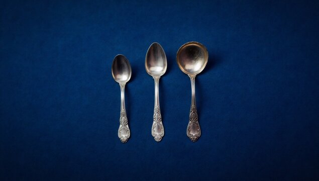 Three vintage silver spoons of different sizes on a dark blue background