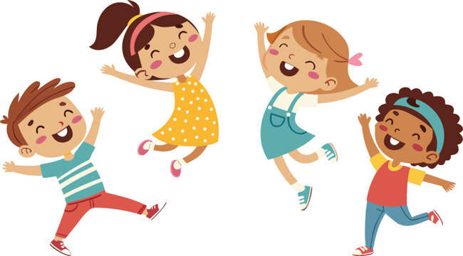 Naklejki Vector Illustration Of Children Playing Jumping kids. Happy funny children playing and jumping in different action poses education little team vector characters. Illustration of kids and children fun