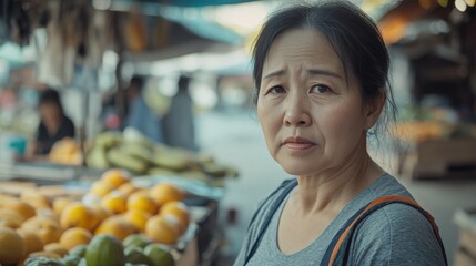Asian Woman Market stall Owner. Merchant Selling working in Market stall, looking at camera. Startup successful small business owner. Small and Medium Enterprises concept. 