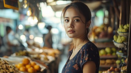Asian Woman Market stall Owner. Merchant Selling working in Market stall, looking at camera. Startup successful small business owner. Small and Medium Enterprises concept. 