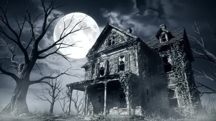 Eerie Abandoned House Under a Full Moon Spooky Halloween Background Image