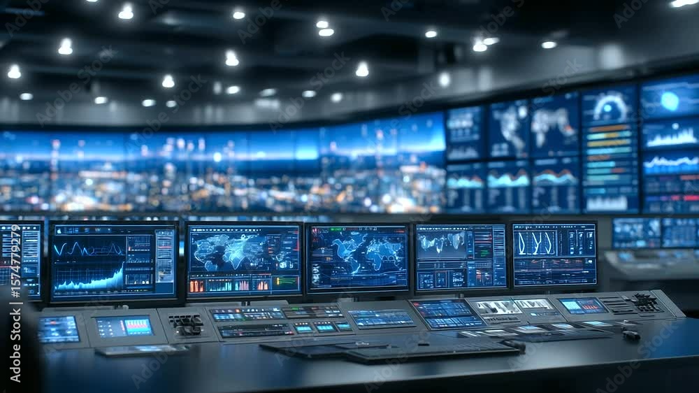 Aufkleber a glowing factory control room with dynamic screens showing energy consumption and shipping logistic