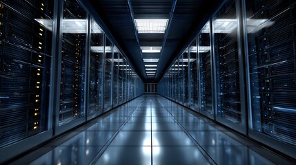 Inside view of high tech data center with illuminated servers cooling systems fiber optic cables and cloud computing infrastructure realistic depth of field on a glowing dark blue tech environment