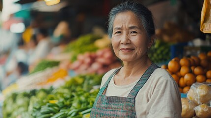 Asian Woman Market stall Owner. Merchant Selling working in Market stall, looking at camera. Startup successful small business owner. Small and Medium Enterprises concept. 