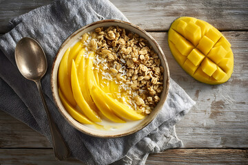 Bowl of creamy yogurt topped with fresh mango slices, granola, and coconut flakes, placed on rustic wooden table with a spoon and additional mango beside it