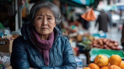 Asian Woman Market stall Owner. Merchant Selling working in Market stall, looking at camera. Startup successful small business owner. Small and Medium Enterprises concept. 