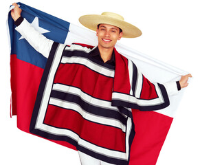 Smiling chilean man wearing traditional Huaso blanket and straw hat Chupalla holding chile flag,...
