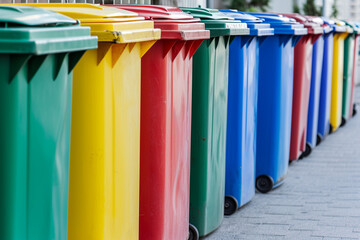 row of colorful trash cans 
