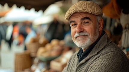European Man Market stall Owner. Merchant Selling working in Market stall, looking at camera. Startup successful small business owner. Small and Medium Enterprises concept. 