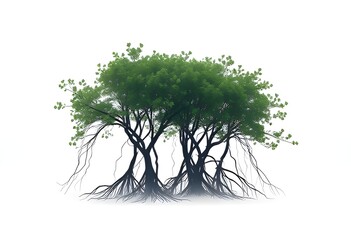 Stylized illustration of a cluster of mangrove trees with prominent roots and green foliage on white.