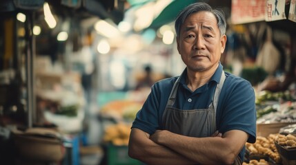 Asian Man Market stall Owner. Merchant Selling working in Market stall, looking at camera. Startup successful small business owner. Small and Medium Enterprises concept. 