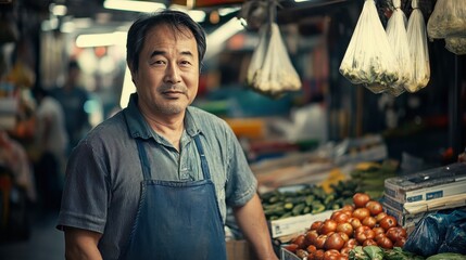 Asian Man Market stall Owner. Merchant Selling working in Market stall, looking at camera. Startup successful small business owner. Small and Medium Enterprises concept. 