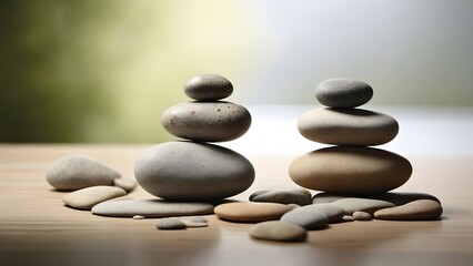 Balanced Stones on Wooden Surface, Peaceful Composition