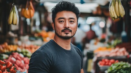 Asian Man Market stall Owner. Merchant Selling working in Market stall, looking at camera. Startup successful small business owner. Small and Medium Enterprises concept. 