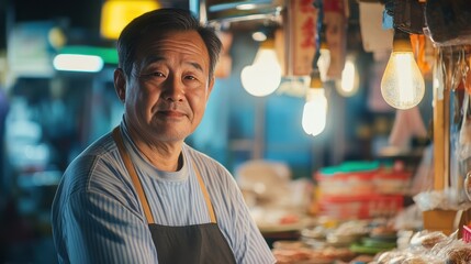 Asian Man Market stall Owner. Merchant Selling working in Market stall, looking at camera. Startup successful small business owner. Small and Medium Enterprises concept. 