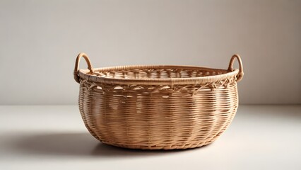 Elegant Woven Basket with Delicate Handles Against a Neutral Background